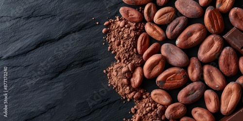 Top view of cocoa beans chocolate cocoa butter and powder on black background. Concept Food Photography, Cocoa Beans, Chocolate, Cocoa Butter, Top View photo