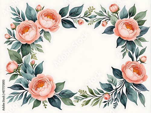 Watercolor painting of pink roses and green leaves forming a square frame. © Rusti_video & image