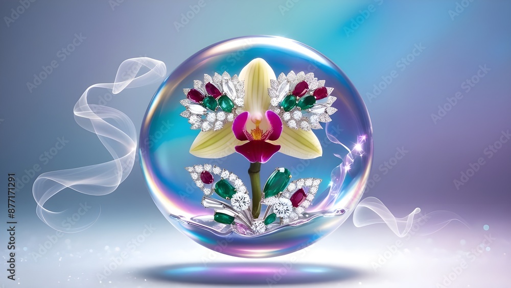 Obraz premium A delicate orchid suspended within a luminous, iridescent bubble, blossoming with an opulent arrangement of precious jewels, including diamonds, rubies, and emeralds, which refract and reflect light,