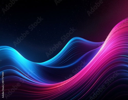 Grainy abstract background, dark noisy poster black backdrop pink blue glowing color wave banner design, copy space 