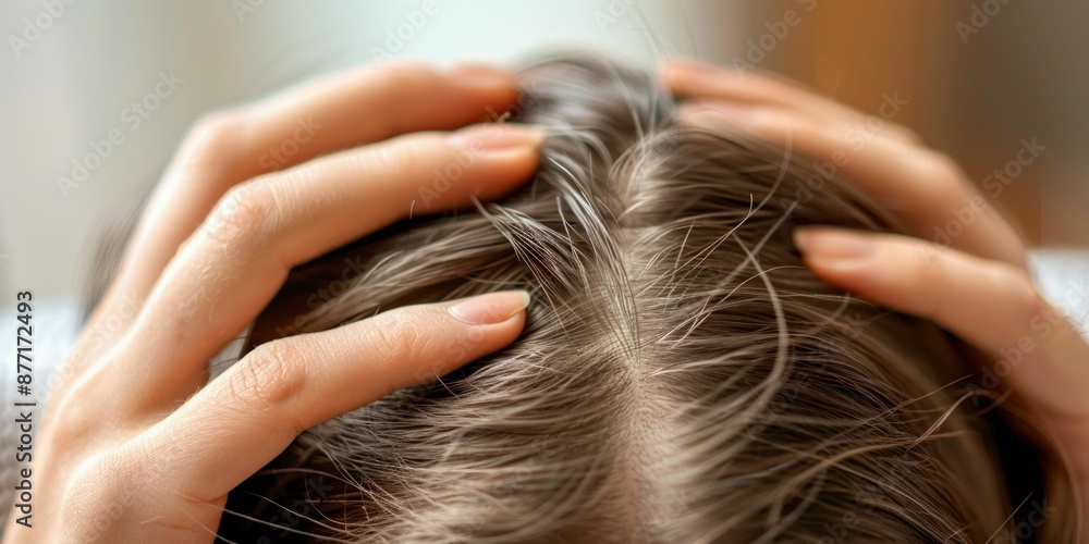 Naklejka premium Close-up of Woman's Hands Touching Hair Roots. Generative ai.