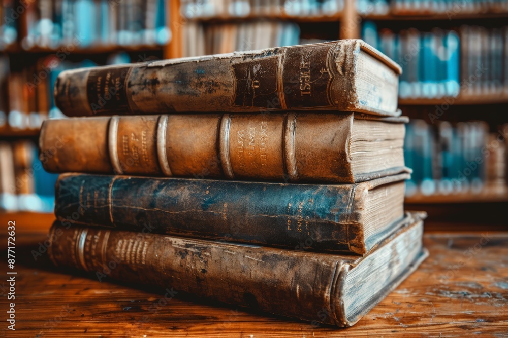 A stack of antique books with worn covers, showcasing the charm and history of classic literature in an old library. A stack of antique books with worn covers, showcasing the charm and history of classic literature in an old library.