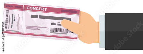 A hand presents a concert ticket in flat design style (cut out)