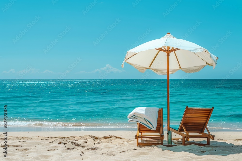 Fototapeta premium Peaceful beach scene with a single lounger under an umbrella facing the calm ocean, perfect for relaxation and unwinding.