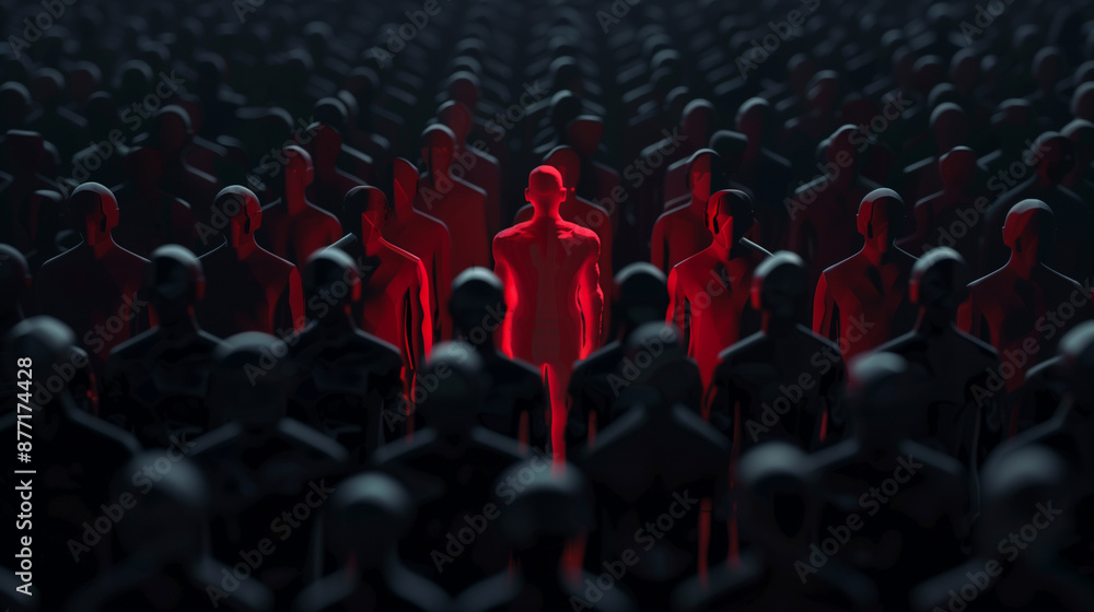Obraz premium Unique color red human shape among dark ones, Leadership, individuality and standing out of crowd concept