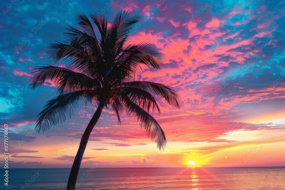 Obraz premium Tropical Sunset with Palm Tree
