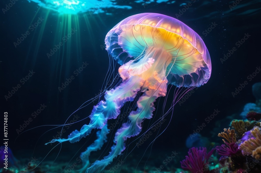 Glowing neon jellyfishes underwater, cinematic, marine animals Glowing neon jellyfishes underwater, cinematic, marine animals