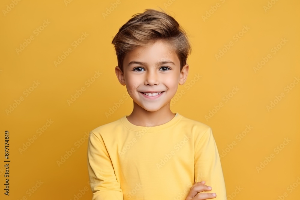 Portrait of a cute little boy smiling at camera over yellow background Portrait of a cute little boy smiling at camera over yellow background