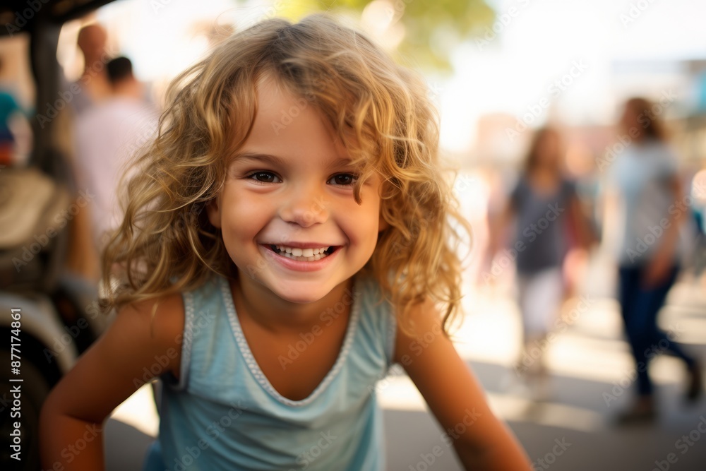 Portrait of a smiling little girl with curly hair in the street Portrait of a smiling little girl with curly hair in the street