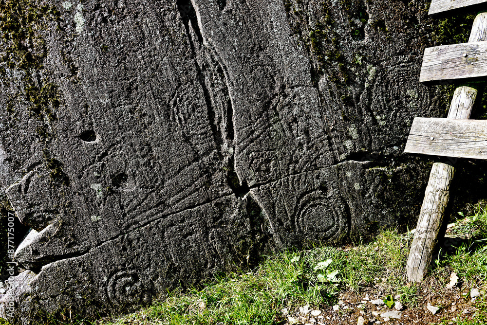 Copt Howe prehistoric cup and ring marked carved boulder at Chapel Stile, Langdale, Cumbria, UK. Main characters on main panel. aka Langdale Boulders