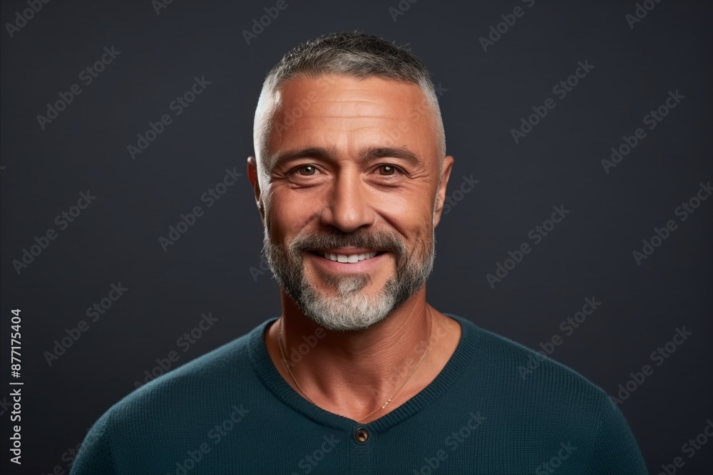 Fototapeta premium Portrait of a smiling mature man on a dark background. Men's beauty, fashion.