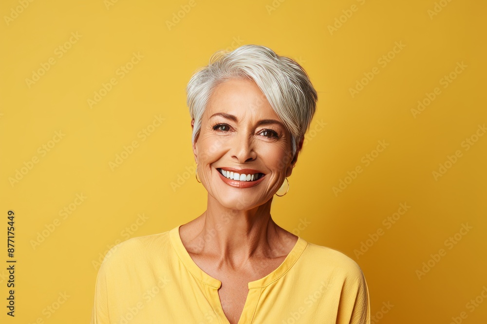 Portrait of beautiful senior woman smiling and looking at camera over yellow background Portrait of beautiful senior woman smiling and looking at camera over yellow background