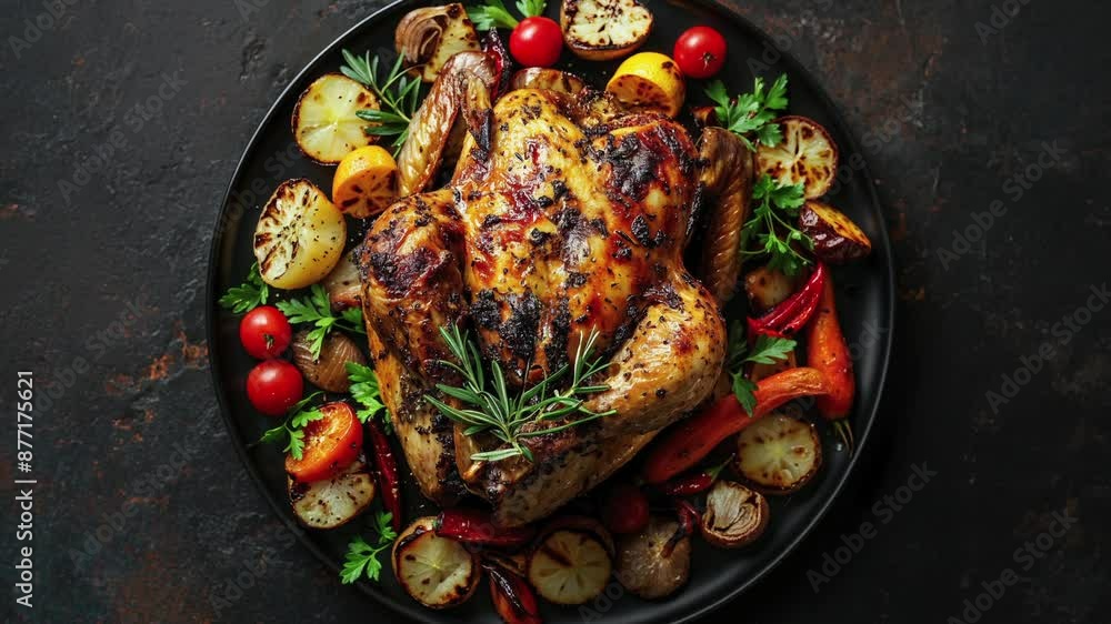 Roasted Chicken with Vegetables on Black Plate Roasted Chicken with Vegetables on Black Plate