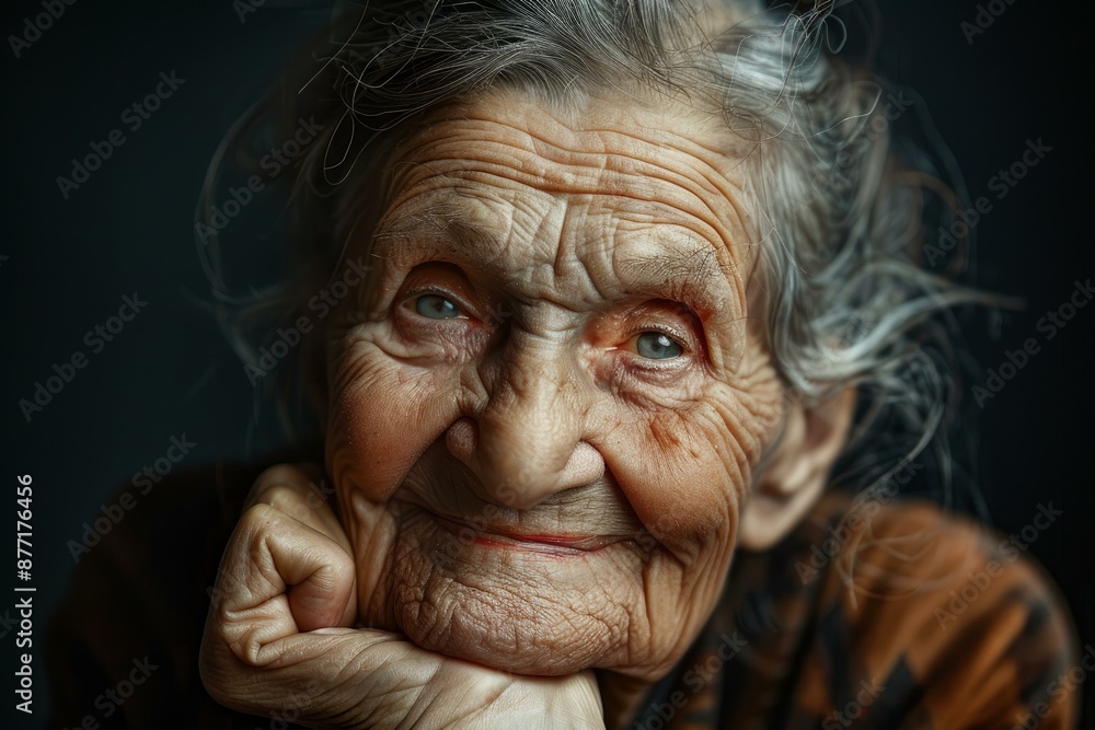 Closeup of a serene aged lady with crinkly eyes and a gentle grin, exuding wisdom Closeup of a serene aged lady with crinkly eyes and a gentle grin, exuding wisdom