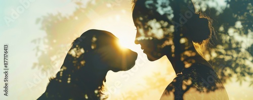 Double exposure of woman and dog silhouette with nature overlay, depicting the bond between humans and pets in a dreamy ethereal scene.