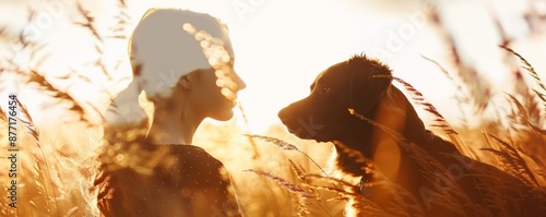 Silhouette of a woman and a dog in a wheat field at sunset, illustrating the bond between humans and pets in nature. photo
