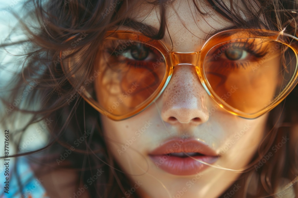 Close-up Portrait of Woman with Freckles and Heart-shaped Sunglasses Close-up Portrait of Woman with Freckles and Heart-shaped Sunglasses