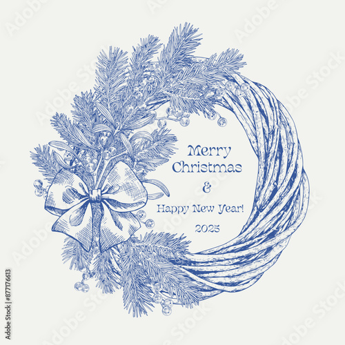 Toile art Christmas wicker wreath with spruce branches, mistletoe and bow Blue on beige. Vector vintage botanical illustration. Hand drawn elements. Background for design greeting card, holiday decor