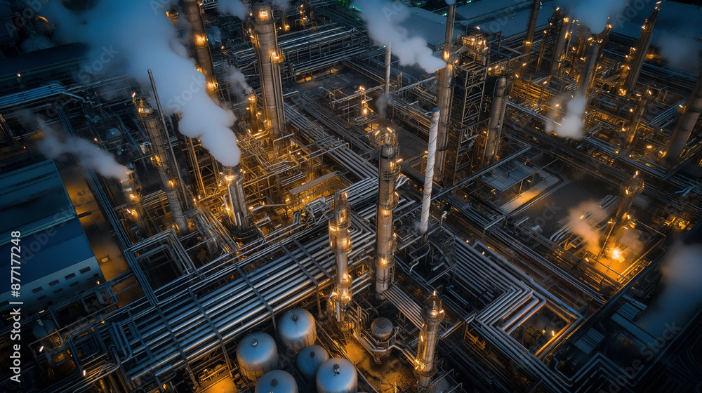 aerial view of oil refinery at night aerial view of oil refinery at night