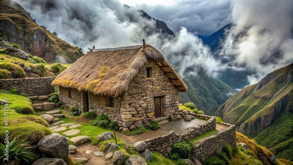 Weathered stone house with aged thatched roof perches precipitously on a rugged Andean mountain slope in Peru, surrounded by lush greenery and misty atmosphere. Weathered stone house with aged thatched roof perches precipitously on a rugged Andean mountain slope in Peru, surrounded by lush greenery and misty atmosphere.