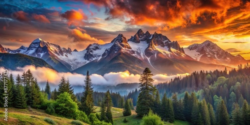 Breathtaking 8K panorama of majestic snow-capped mountains set against vibrant orange and pink hues of sunset, perfect for TV wallpaper or commercial use