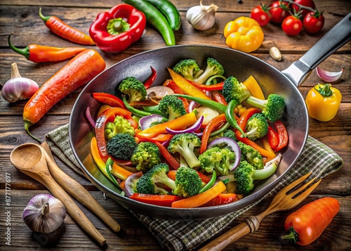 Vibrant bell peppers, carrots, broccoli, and onions sizzle in a large wok, surrounded by culinary utensils, on a rustic wooden kitchen countertop background.