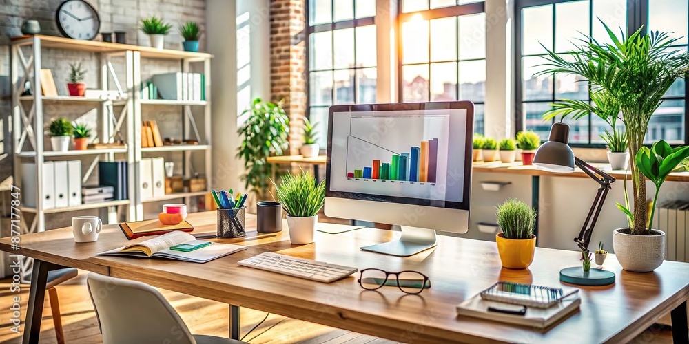 Fototapeta premium Vibrant digital marketing poster dominates a clutter-free workspace, surrounded by a modern computer, trendy glasses, and neatly organized office supplies in a stylish, modern setting.
