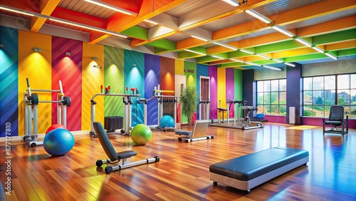 Vibrant fitness center with exercise equipment and colorful walls, conveying a lively and energetic atmosphere, perfect for a motivational sports teacher backdrop. photo