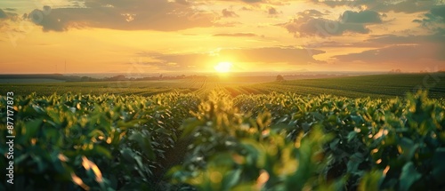 agricultural soy plantation on field with a breathtaking sunset background