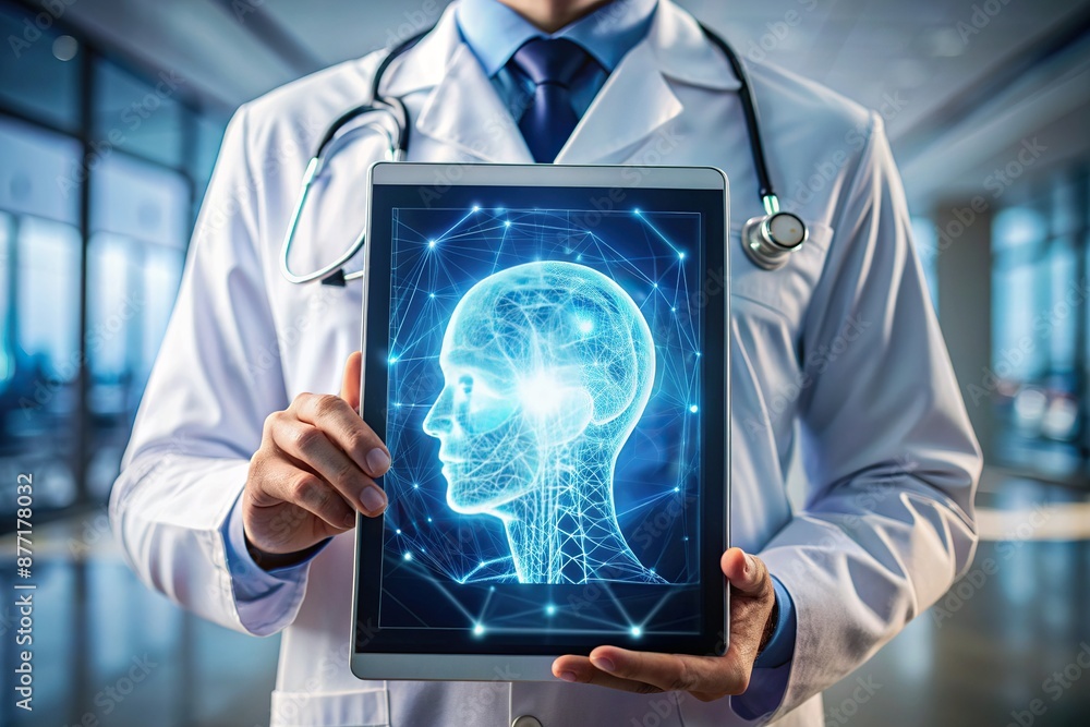 A futuristic tablet displays a virtual AI assistant, illuminating a futuristic interface, symbolizing the innovative role of artificial intelligence A futuristic tablet displays a virtual AI assistant, illuminating a futuristic interface, symbolizing the innovative role of artificial intelligence