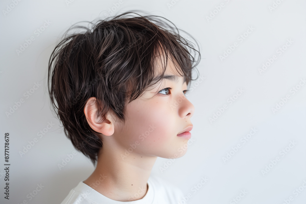 profile portrait of young asian boy with tousled hair profile portrait of young asian boy with tousled hair