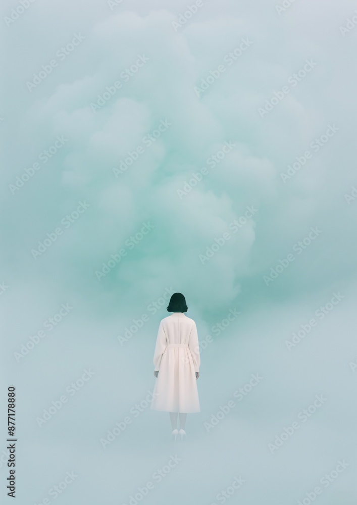 Solitary Woman in White Coat Surrounded by Enigmatic Green Mist in Serene Setting Solitary Woman in White Coat Surrounded by Enigmatic Green Mist in Serene Setting