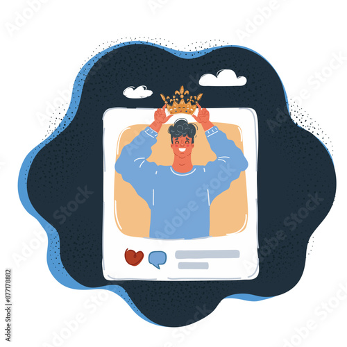 Cartoon vector illustration of king of blogger. Man put crown in her head in post.