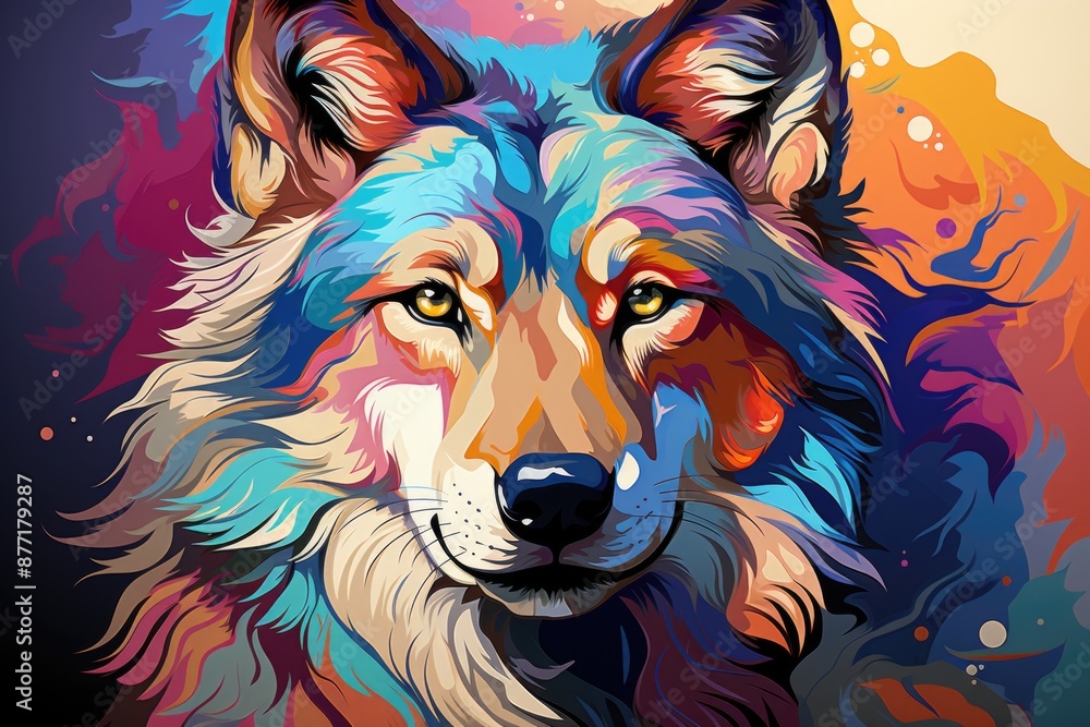 Fototapeta Portrait of wild colored wolf, wpap, pop art, abstract style, generative IA