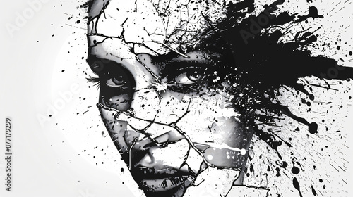 black and white vector illustration of woman's face with cracked skin, digital art style, splattered/dripped ink photo