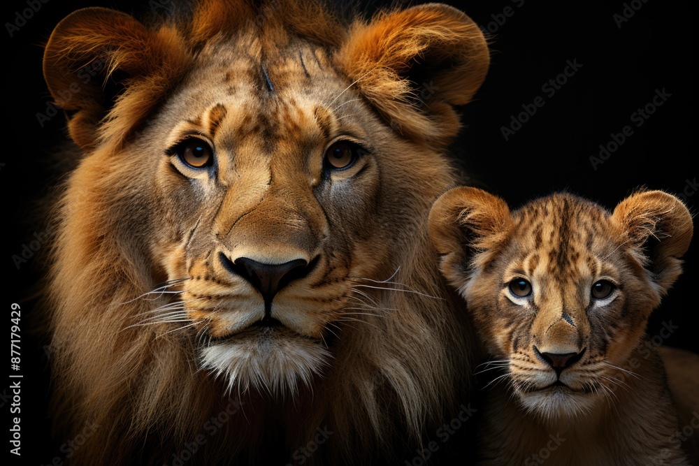 Lions Farher and Two Cubs Portrait in dark background there Generative, generative IA Lions Farher and Two Cubs Portrait in dark background there Generative, generative IA