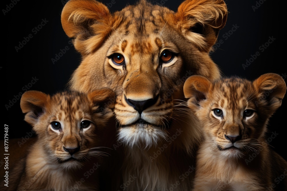 Lions Farher and Two Cubs Portrait in dark background there Generative, generative IA Lions Farher and Two Cubs Portrait in dark background there Generative, generative IA