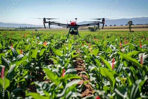 Precision agriculture drone flies over a vibrant crop field for farm technology and crop health analysis