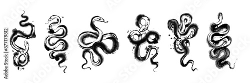 Asian snake collection, vector brushstroke reptile tattoo, Japanese New Year 2025 symbol decoration. Watercolor abstract oriental venomous hand drawing art, exotic viper print. Asian snake clipart