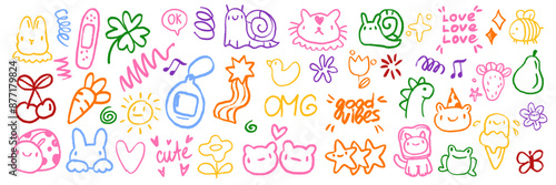 Cute doodle icon set, baby animals sticker, vector cartoon crayon hand drawn kawaii characters. Funny kids illustration kit, pen line scribble sketches, playful color bee, cat, bear, star. Cute doodle
