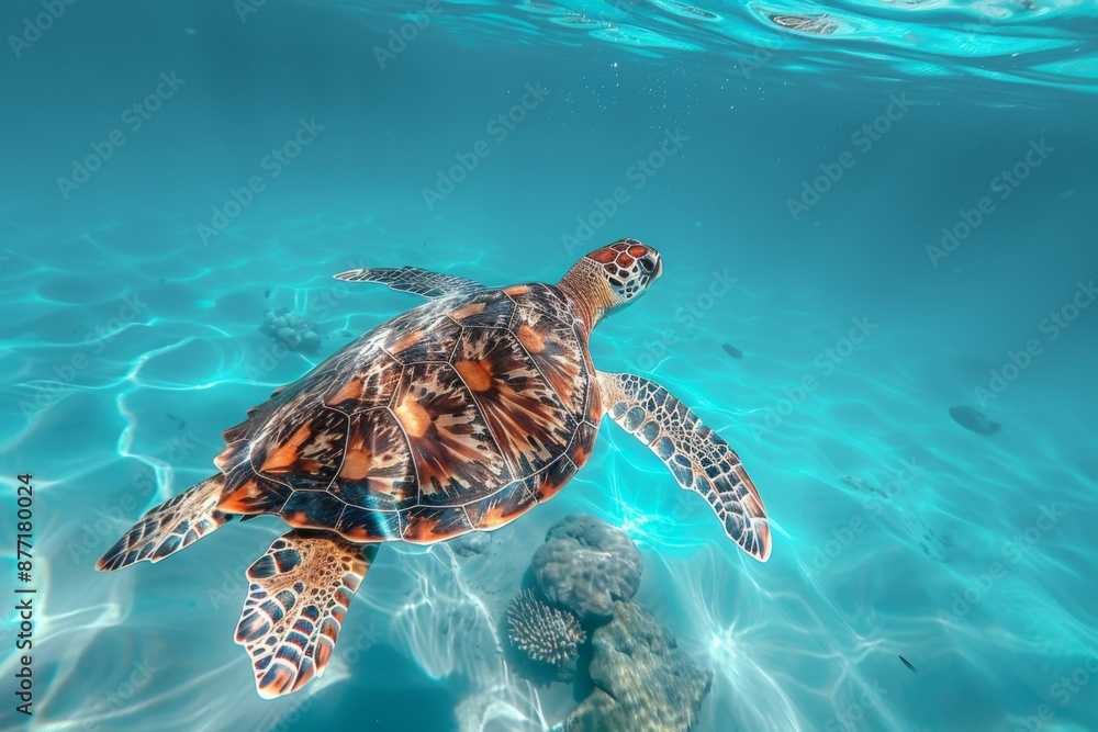 Obraz premium Sea Turtle Swimming in Crystal Clear Water