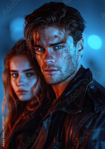 Mysterious Couple in Leather Jackets with Intense Stares in a Blue-Hued Night Scene