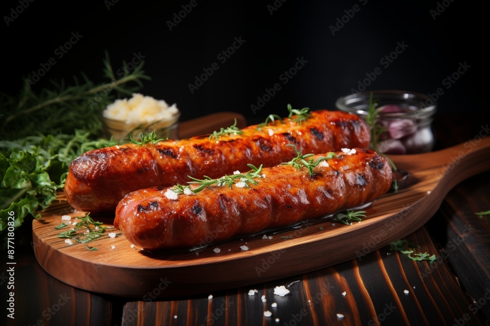 grilled sausages on wooden board grilled sausages on wooden board