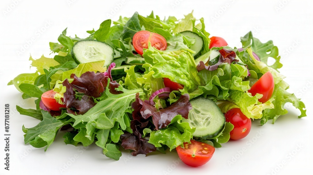 Fresh mixed salad with lettuce, cherry tomatoes, and cucumber slices, set against a white background, showcasing vibrant colors and healthy ingredients. Fresh mixed salad with lettuce, cherry tomatoes, and cucumber slices, set against a white background, showcasing vibrant colors and healthy ingredients.