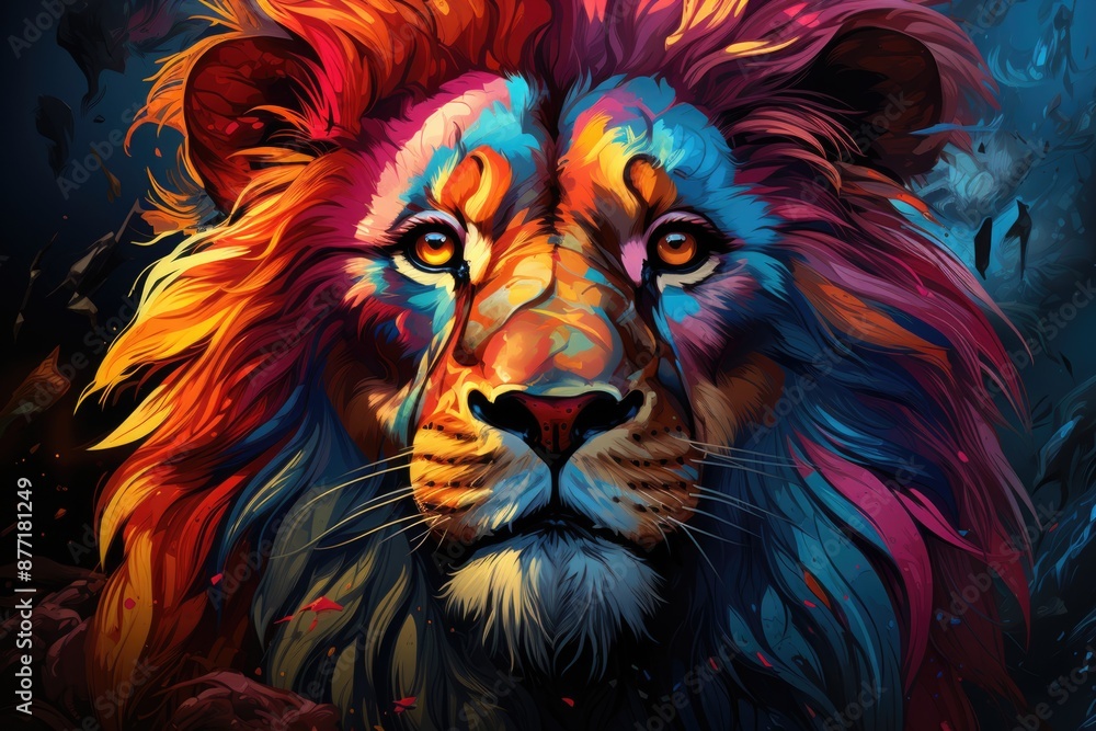 Pop Art style colored head lion set., generative IA Pop Art style colored head lion set., generative IA