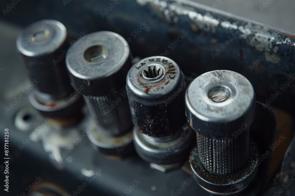 Macro shot of old sewing machine bobbins, showing detailed texture and aging Macro shot of old sewing machine bobbins, showing detailed texture and aging