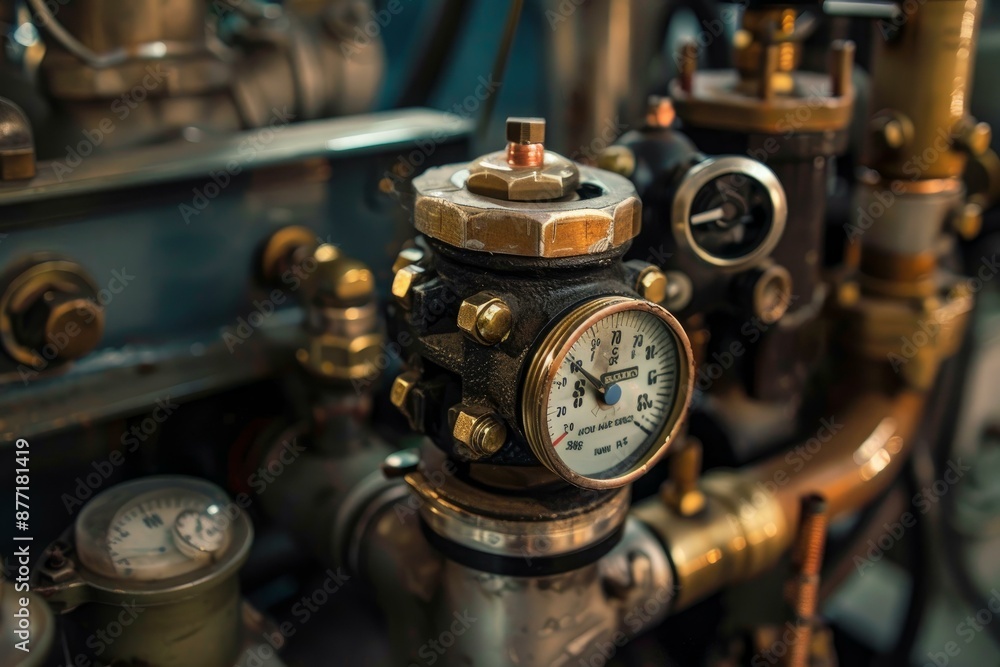 Closeup of an old pressure gauge with rusty details on mechanical piping Closeup of an old pressure gauge with rusty details on mechanical piping