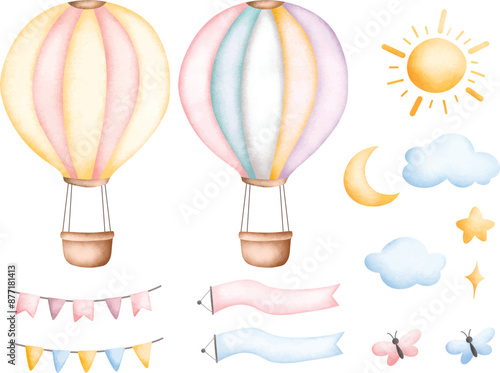 Watercolor Illustration Set of Hot Air Balloons and Elements