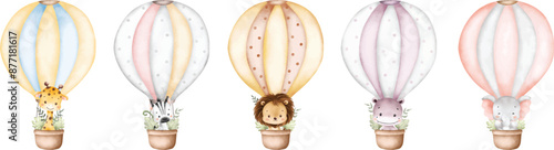 Watercolor Illustration Set of Safari Animals in Hot Air Balloons