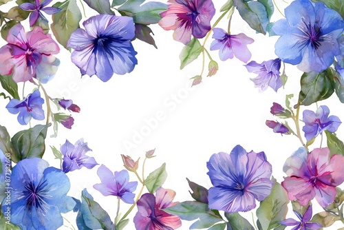 Fototapeta Naklejka Na Ścianę i Meble -  Beautiful watercolor floral frame with purple and blue flowers in corner arrangement on a white background.
